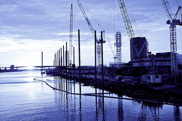 Cranes and construction pylons at Melbourne Docklands