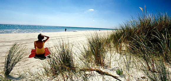 Woman sitting on Carrum Beach with native grasses